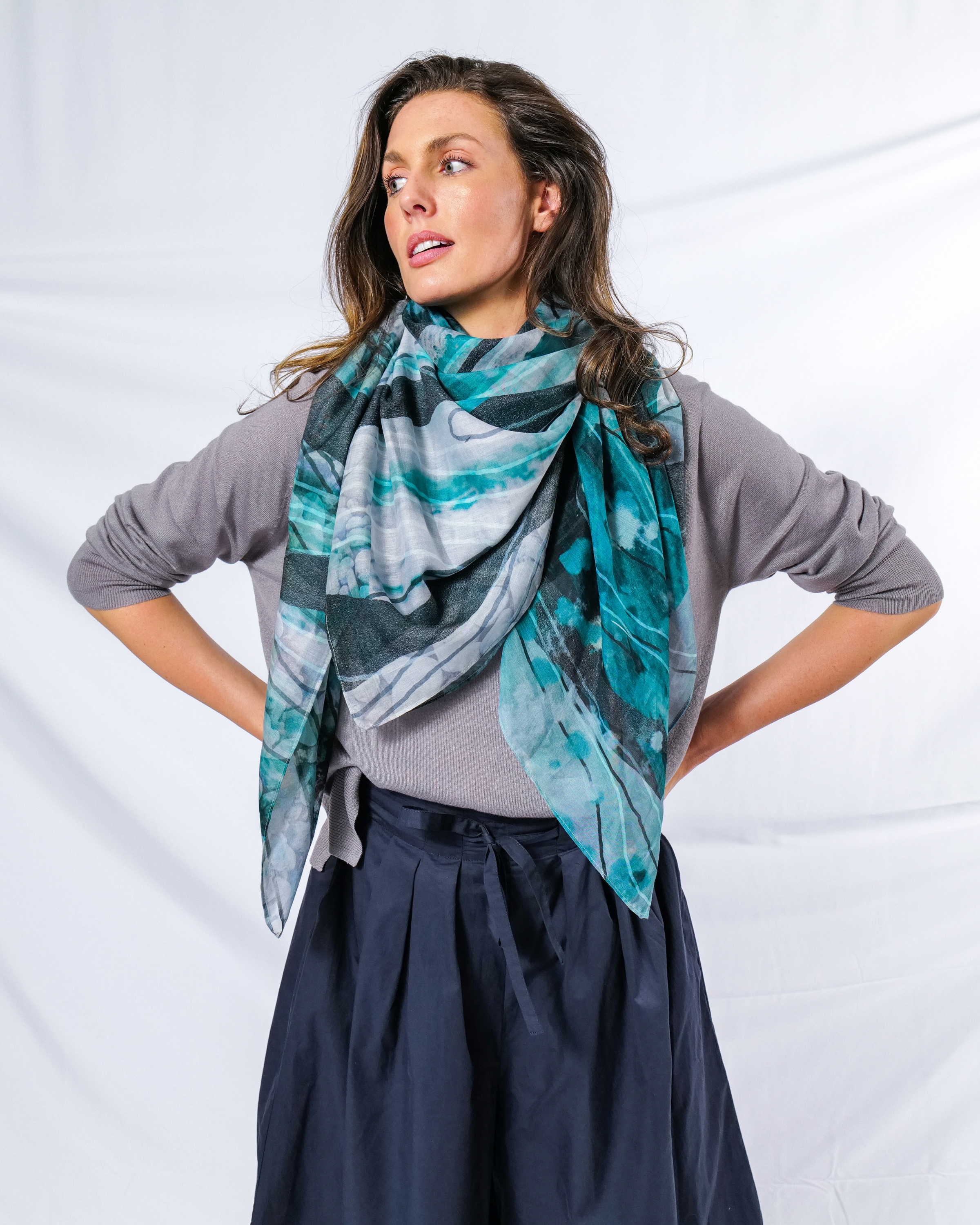 Navy Blue Gold Abstract Floral Silky Scarf Shawl