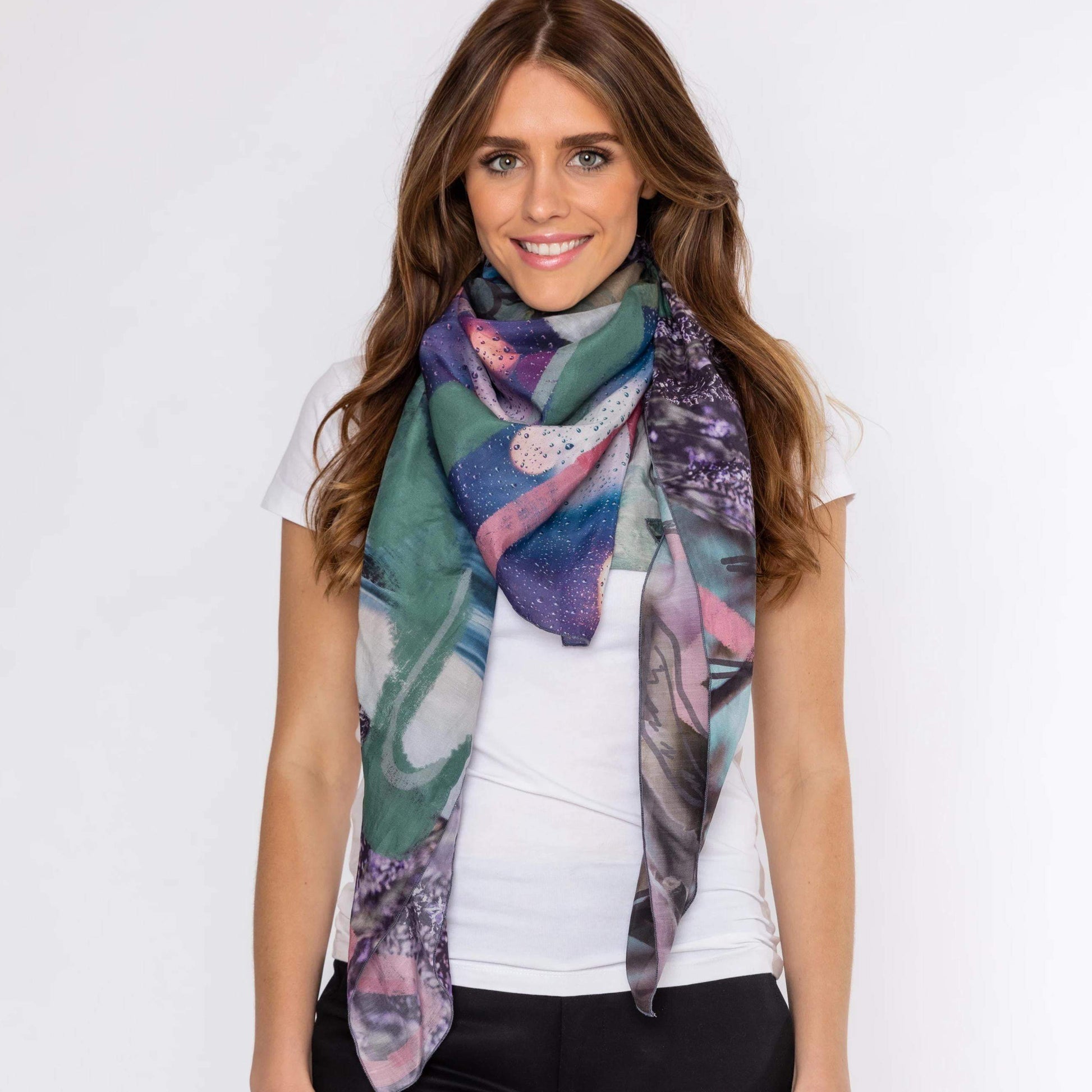 Silk cotton scarf in purple, pink and green. Designed in Melbourne Australia. Gift boxed.