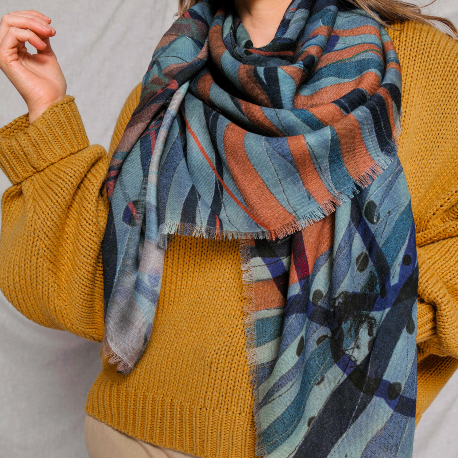 blue and burnt orange merino wool scarf