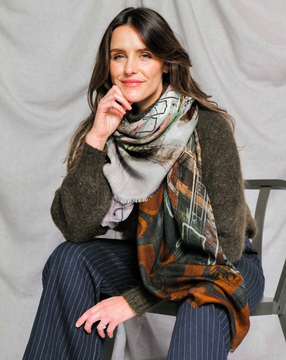 brown grey print wool scarf made in india