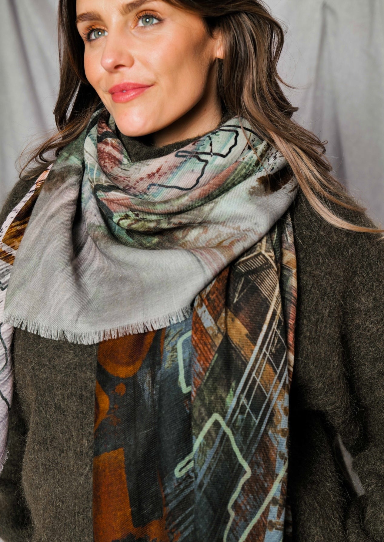 brown and grey merino wool scarf for winter fashion