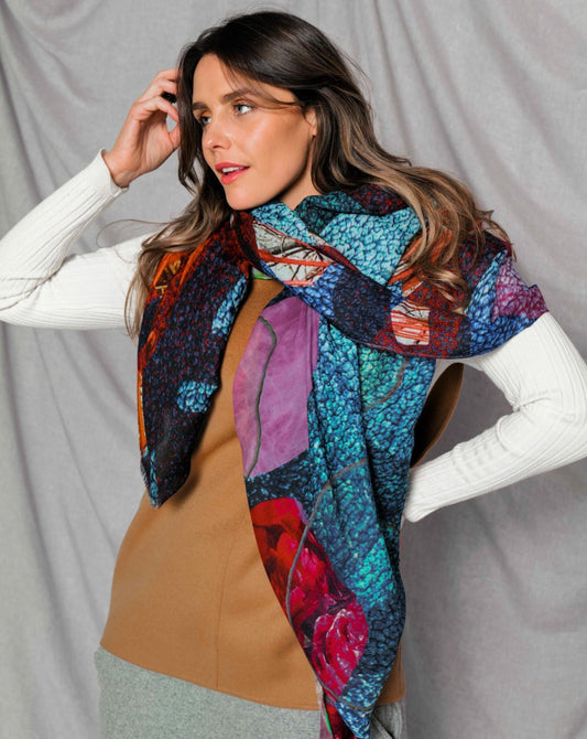 bright colourful large merino wool scarf for winter fashion