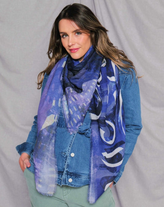 shades of blue merino wool scarf with flower design