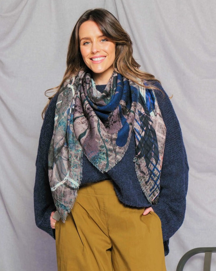 deep blue grey merino wool scarf styled for winter 