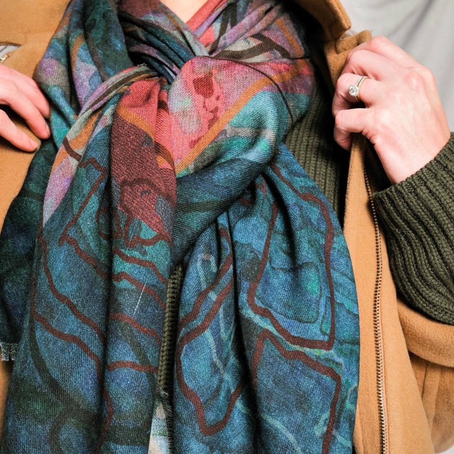 colourful print merino wool scarf made in india