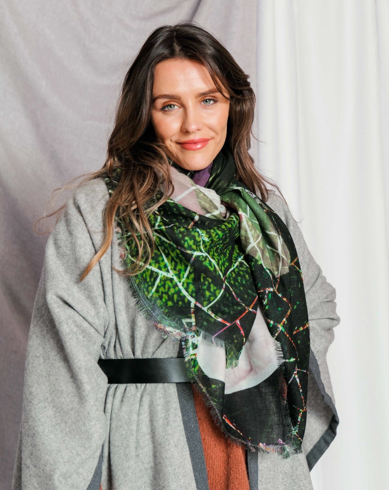 dark green wool scarf styled with layers for winter