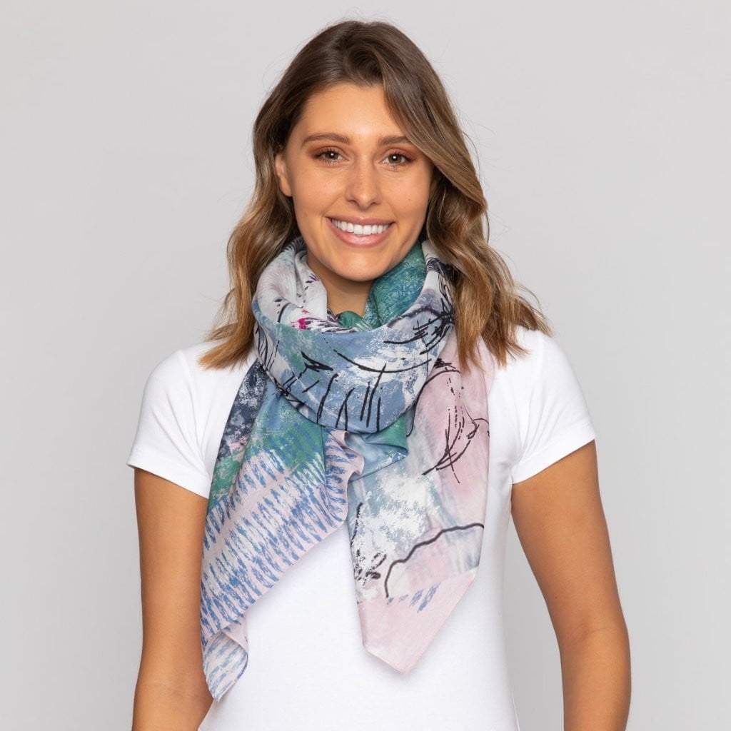 silk cotton scarf in green, blue, fuchsia. Summer accessory. Designed in Melbourne Australia.