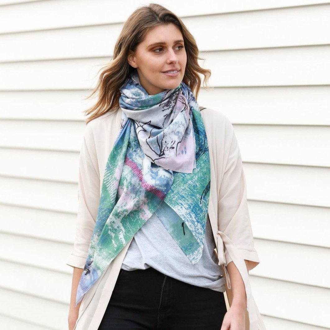 silk cotton scarf in green, blue, fuchsia. Summer accessory. Designed in Melbourne Australia.