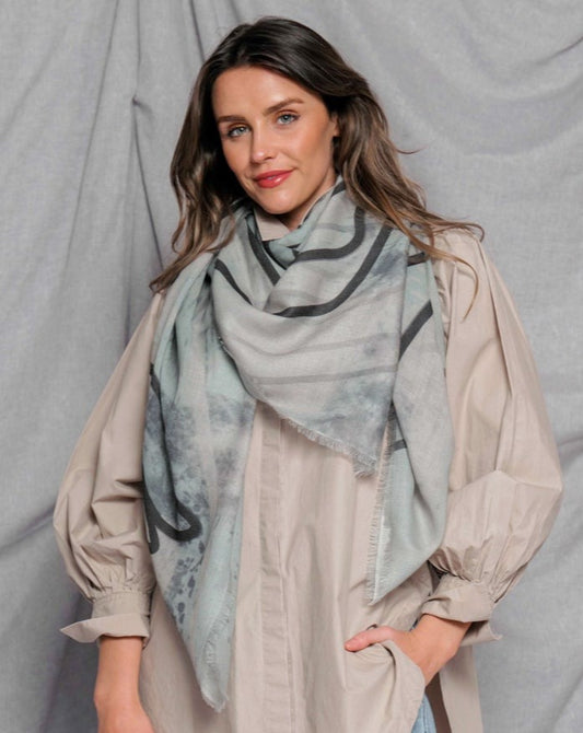 soft pale grey wool scarf with line drawing illustrations