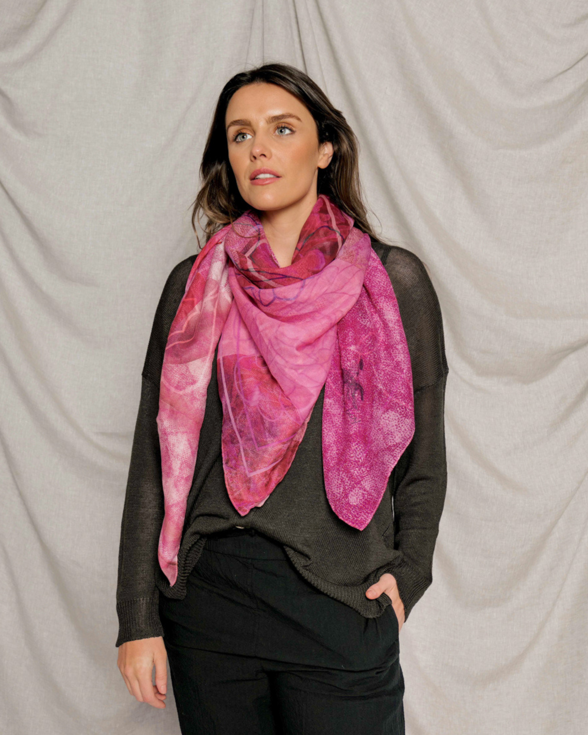 cotton silk pink scarf with flower print