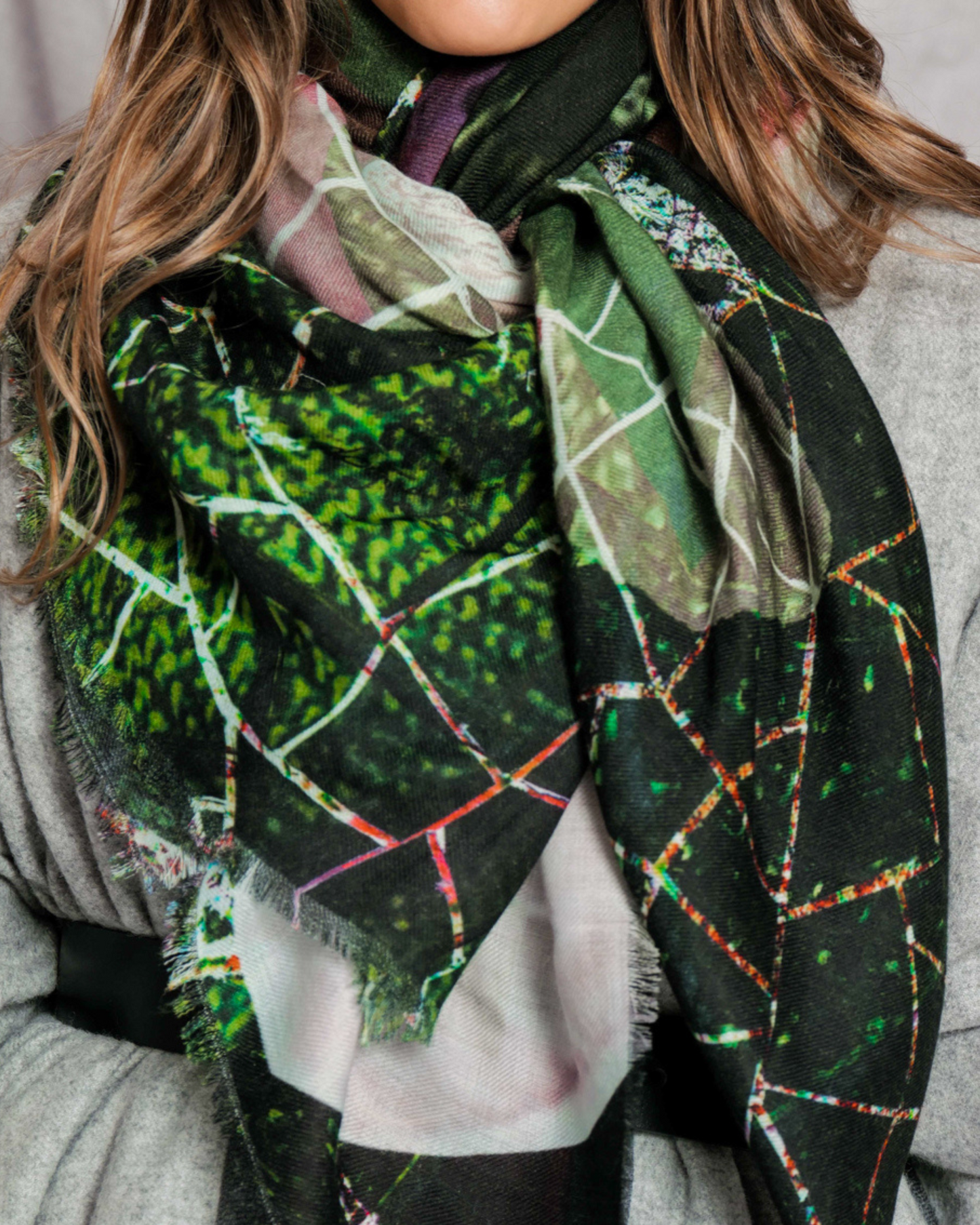green grey geometric print wool scarf