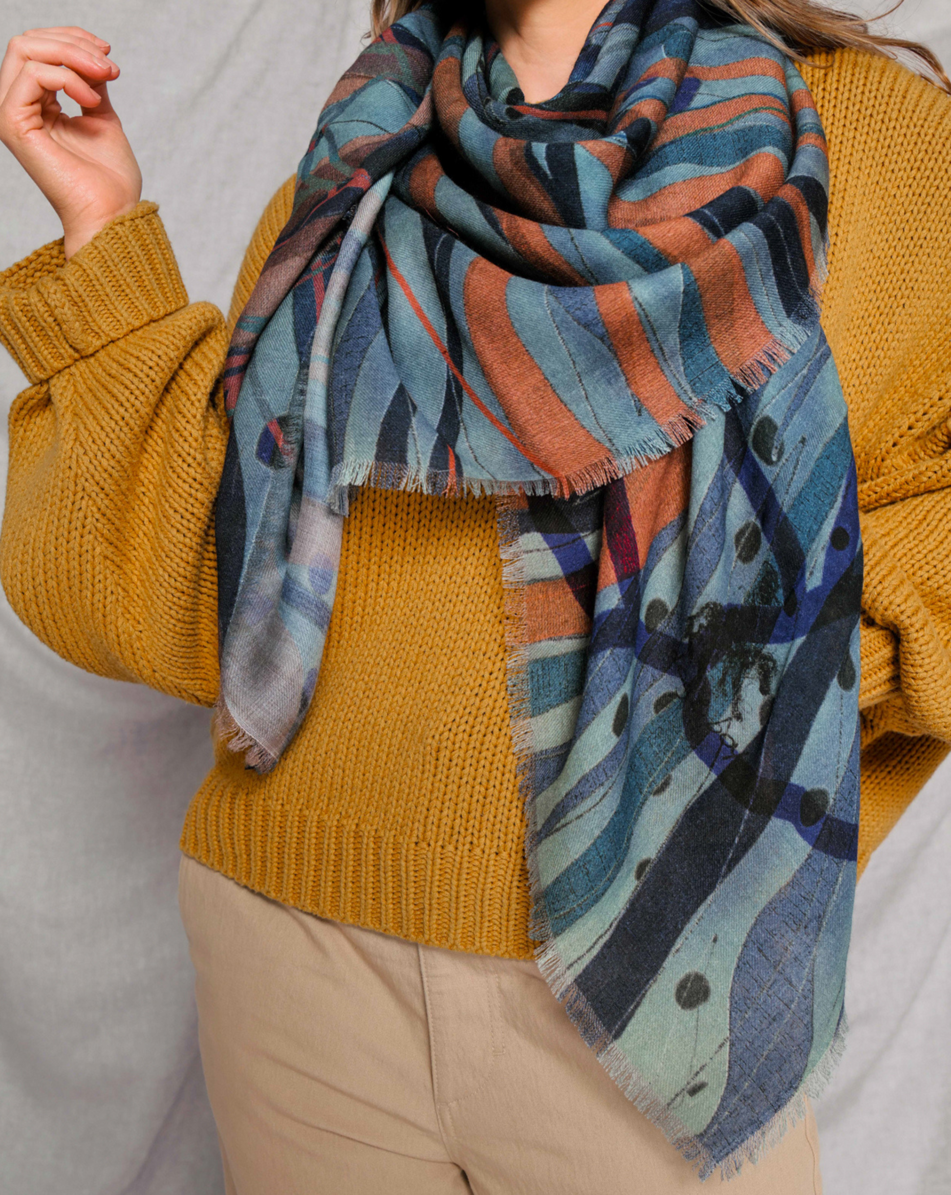 blue and burnt orange merino wool scarf