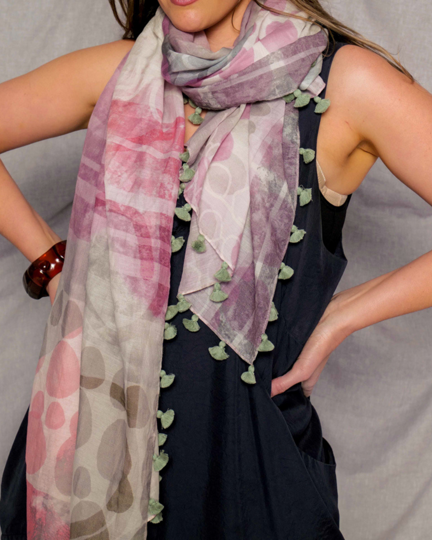 pink grey tassel scarf made in India