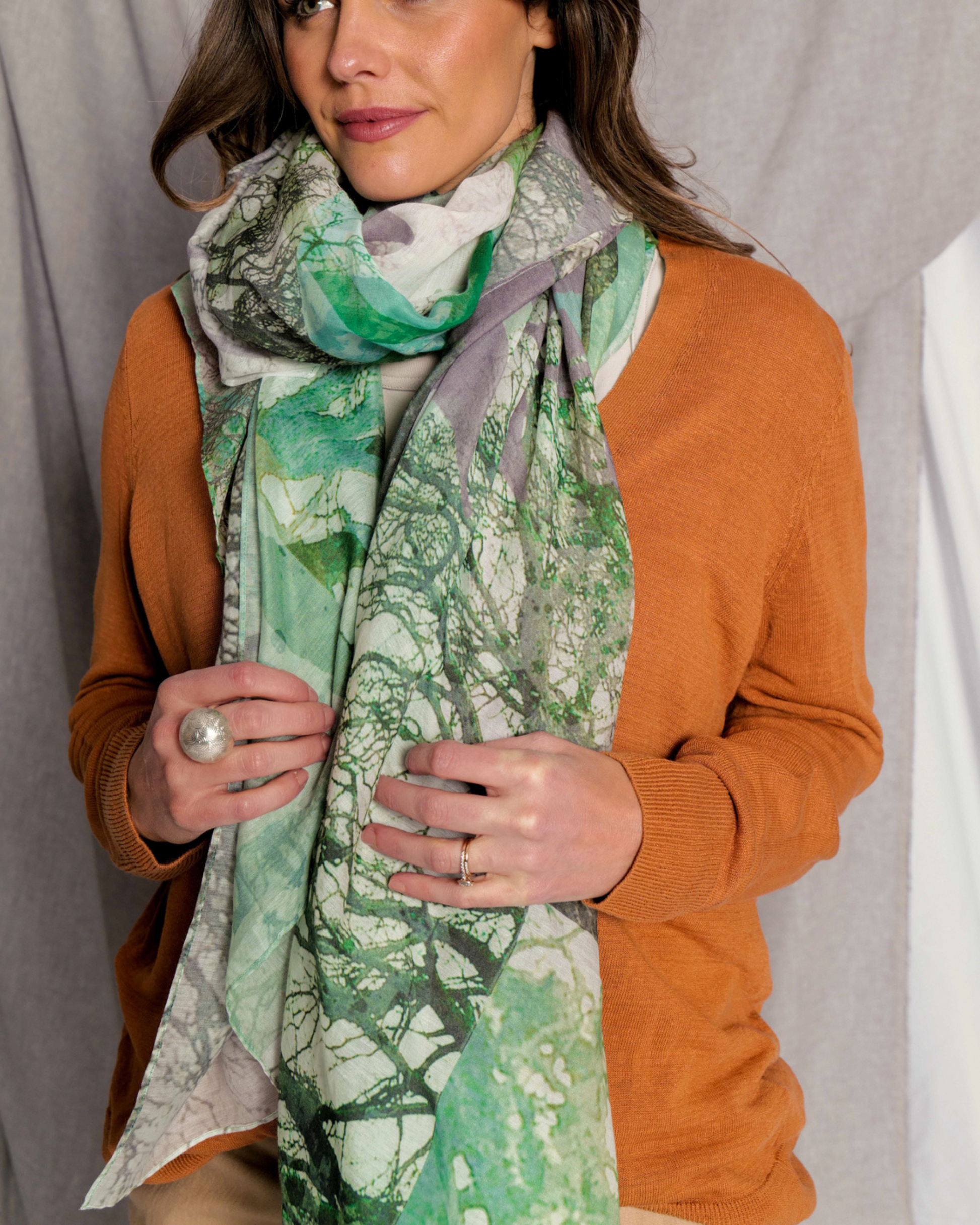 inspired by nature digital print green silk cotton scarf