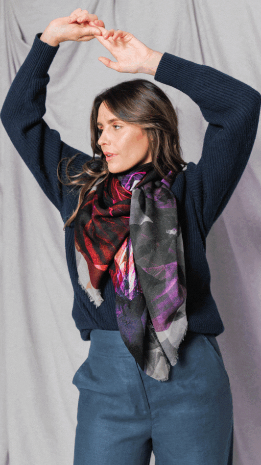 grey pink leaf merino wool scarf