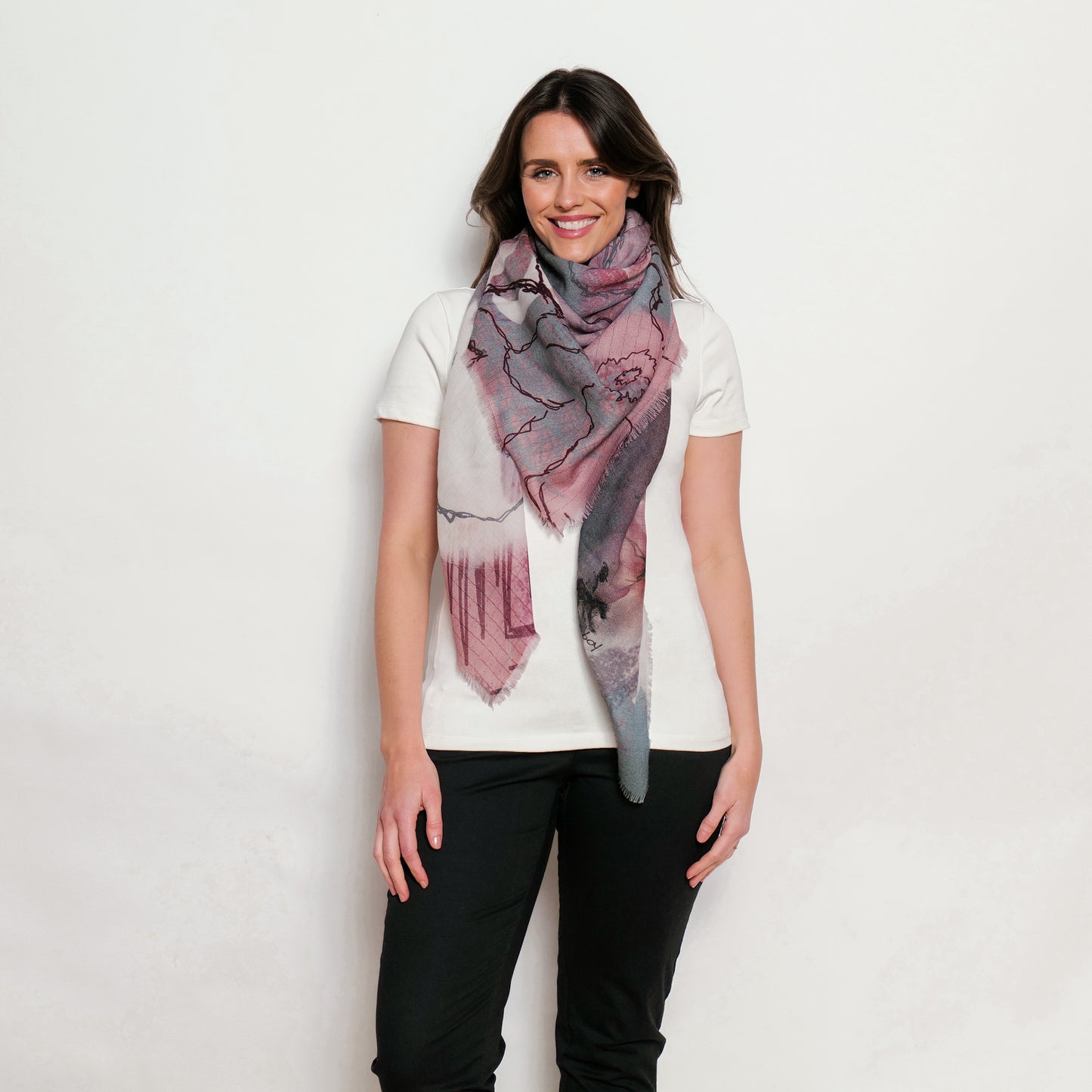 blush pink grey flower merino wool scarf