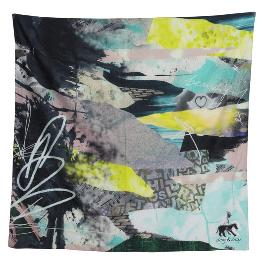 cotton silk scarf in yellow, blue, pink and grey. Designed in Melbourne Australia. Gift boxed.